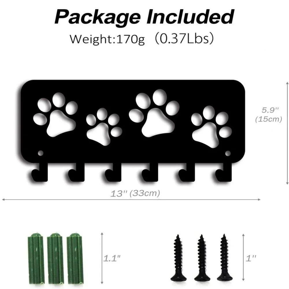 New paw print cat / dog black metal wall hanger with 6 hooks